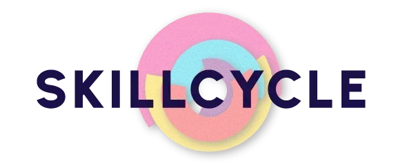 The word “SKILLCYCLE” in bold dark letters overlays a colorful circular design made of layered paper-like rings in pink, yellow, blue, and purple on a black background.