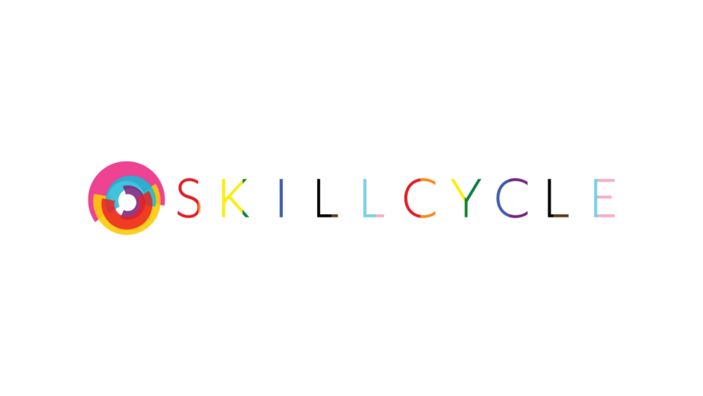 Logo with colorful, overlapping circles on the left and the word SKILLCYCLE in multicolored letters on a white background, celebrating SkillCycles vibrant LGBTQ+ia employee and coach community.