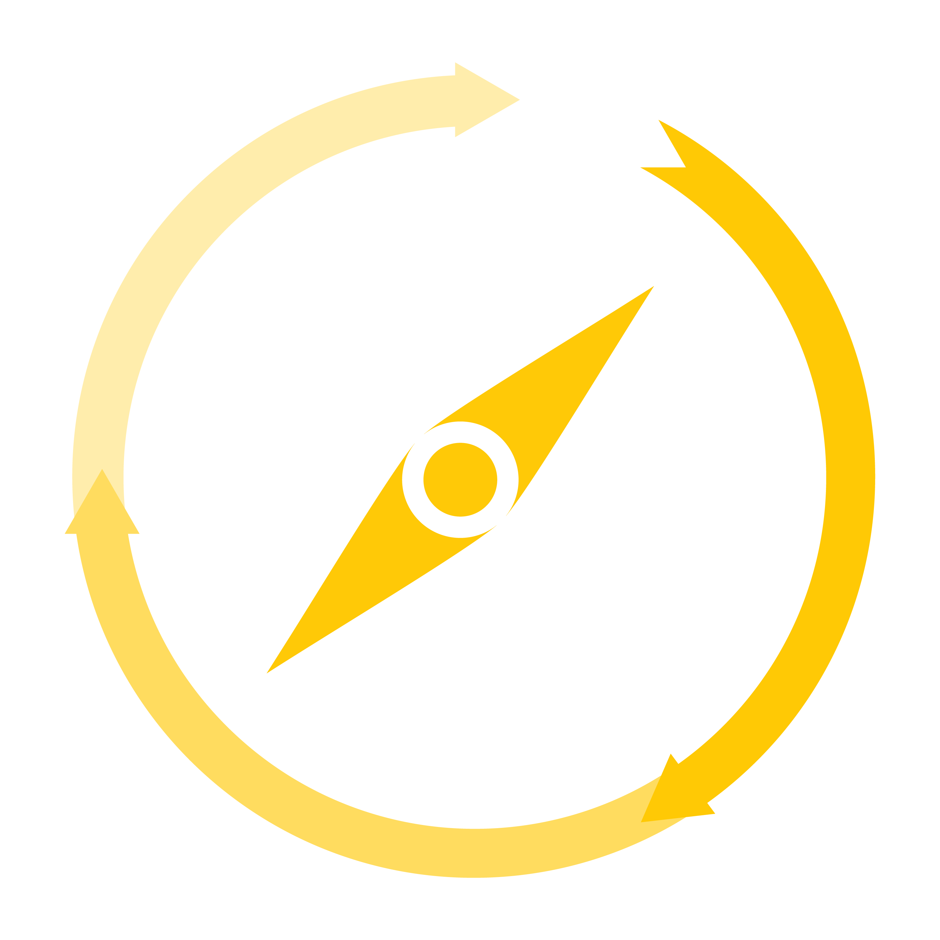 A yellow compass arrow enclosed in a circular yellow Aida pattern on a black background symbolizes navigation and direction. The diagonal pointing compass blends seamlessly with the surrounding circle, suggesting motion and continuity.