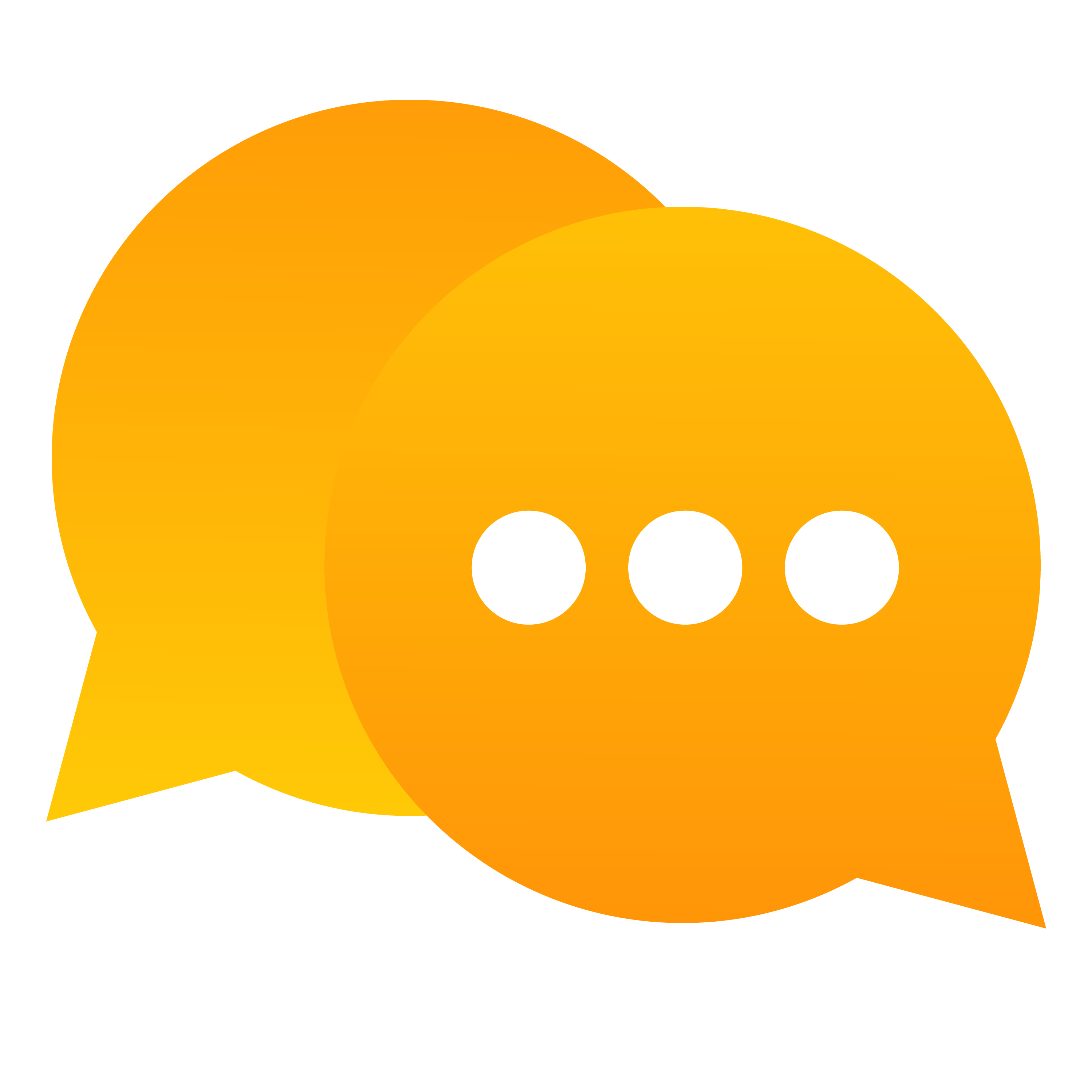 Two overlapping orange speech bubbles, reminiscent of Aidas compelling arias, feature one with three white dots in the center, indicating a conversation or message exchange.