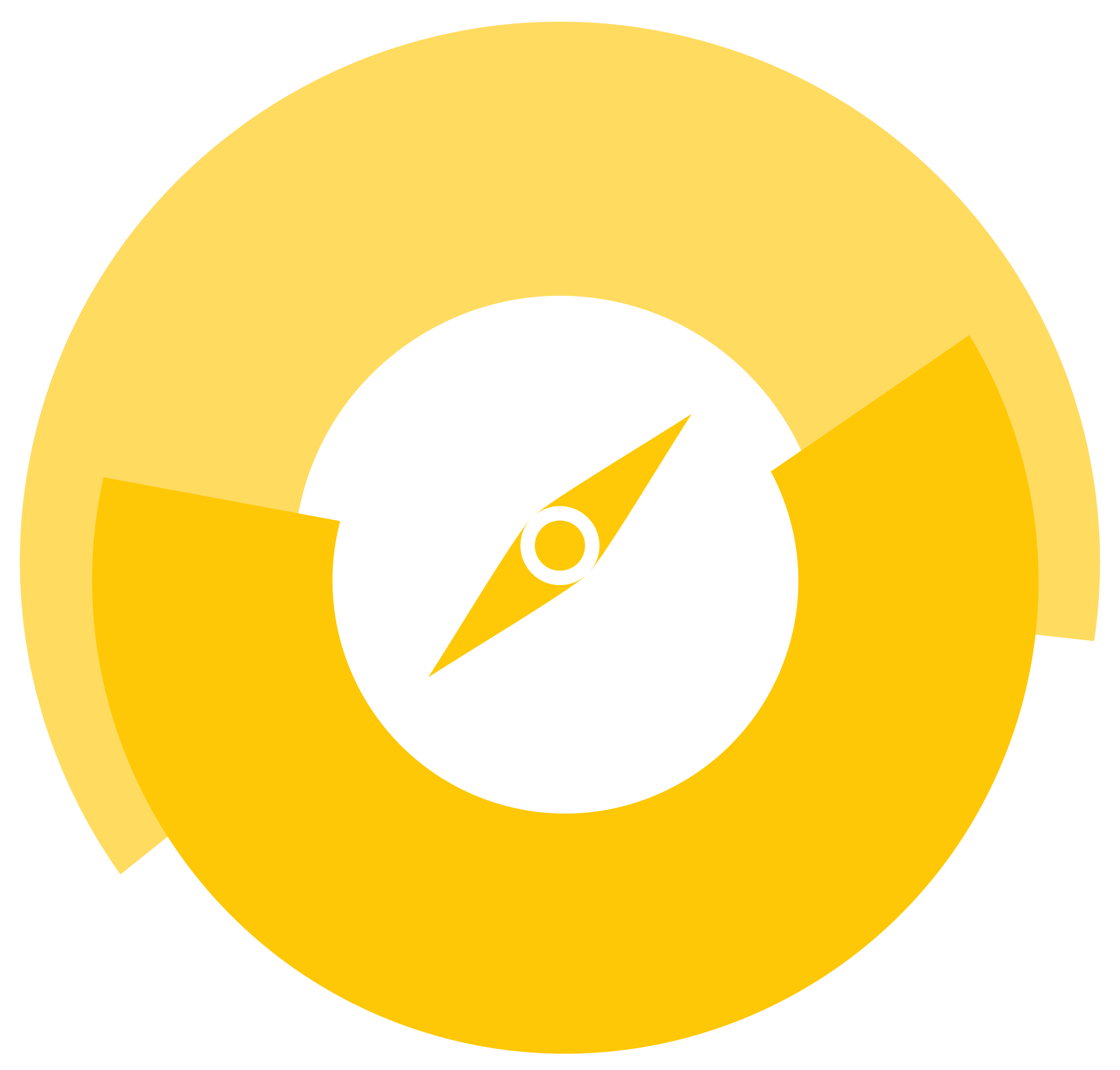 A stylized yellow compass inside a larger yellow circle on a black background, with the compass needle pointing diagonally like an Aida aria reaching its crescendo.