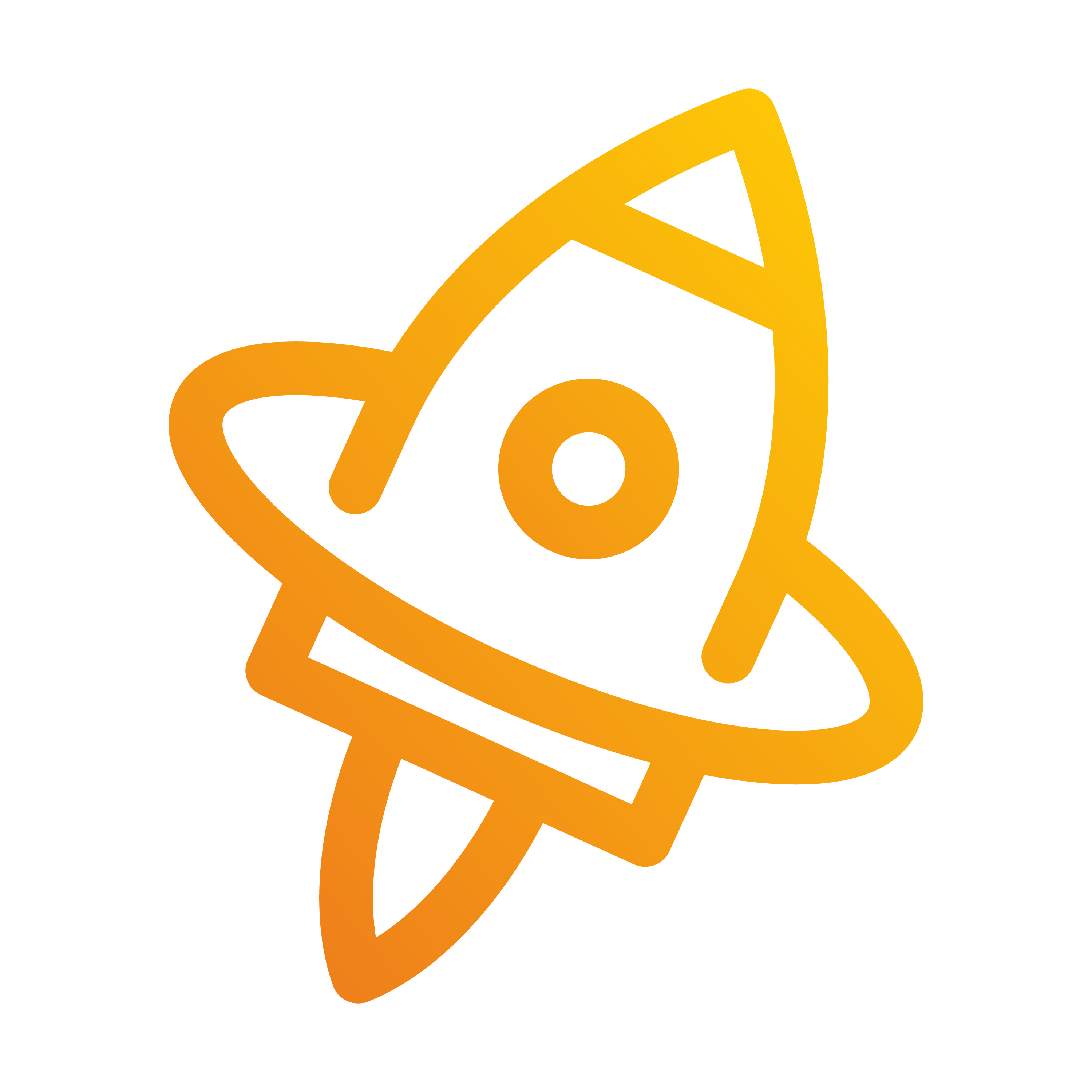 A sleek, orange gradient rocket icon reminiscent of Aidas journey, features a circular ring around its middle, resembling Saturn, set against a black background.