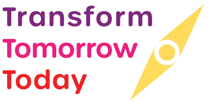 Text saying Transform Tomorrow Today in vibrant purple, pink, and red hues. A yellow and gray compass arrow points decisively to the right. Ignite possibilities even with an idle budget, guiding your journey toward innovation and growth.