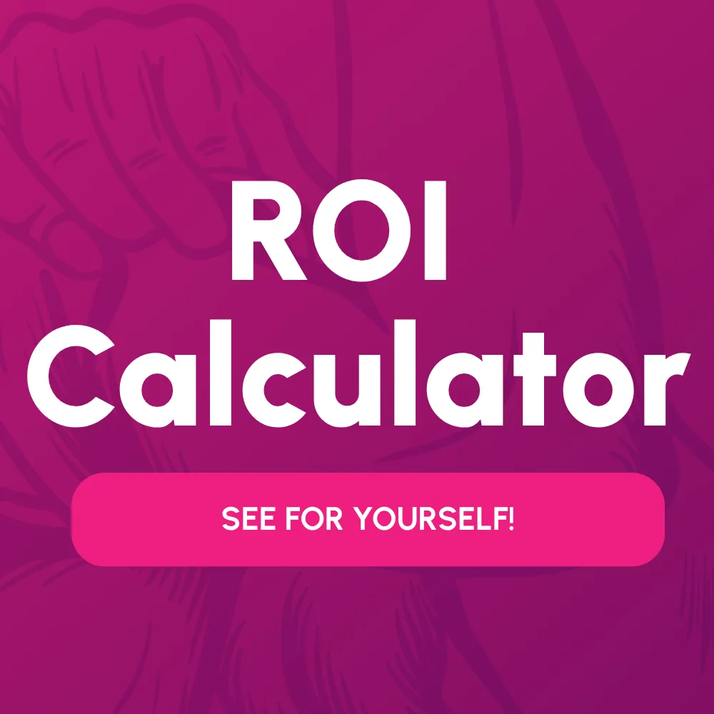 Text reads ROI Calculator in bold white letters with a pink button below that says See for yourself! A faint outline of a handshake asks, How Do I Create a Talent Development Program That Employees Like?.