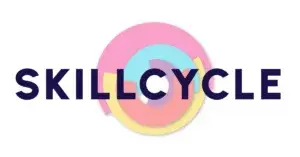 The word SKILLCYCLE in bold, dark blue letters is displayed over a colorful circular design with overlapping pink, blue, yellow, and white segments on a white background.