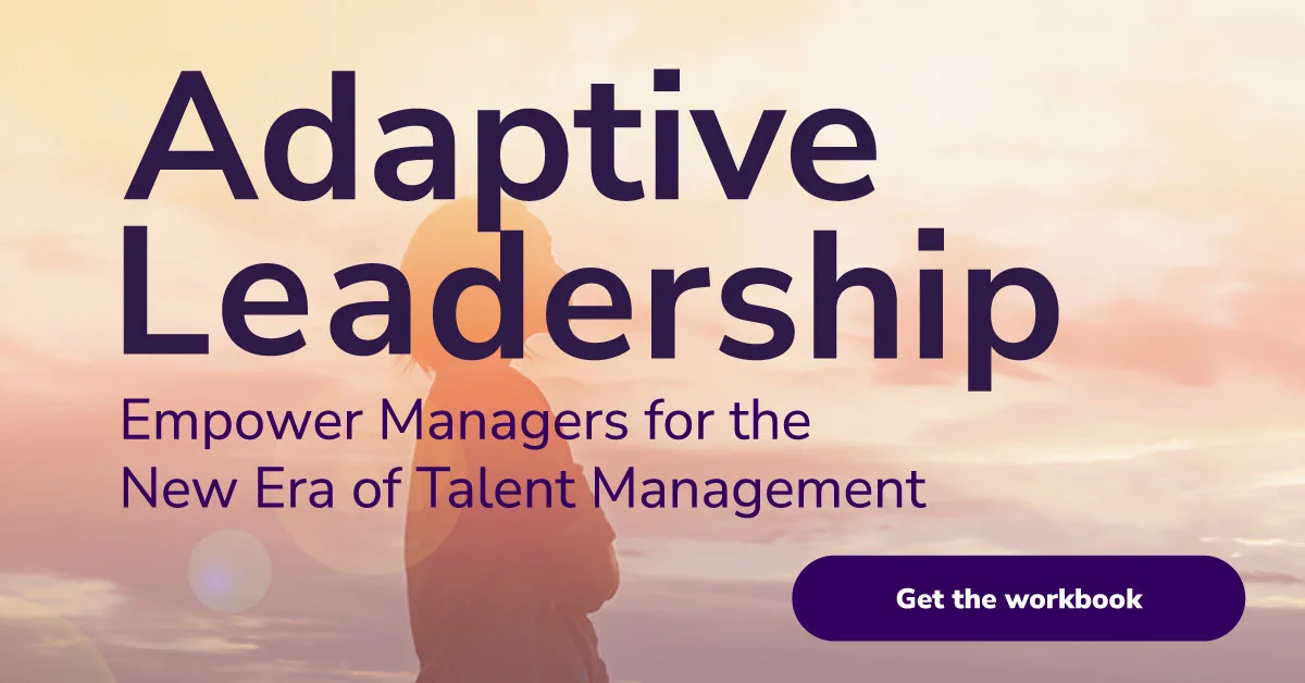 Adaptive Leadership text with a person silhouette against a sunset. Below, the text reads: Empower Managers for the New Era of Talent Management. Button says Get the workbook.