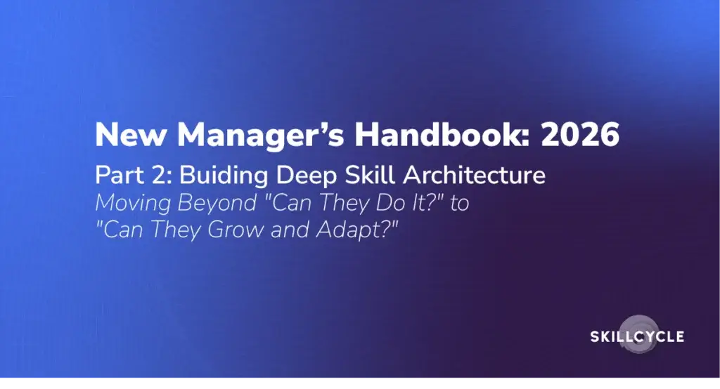 Presentation slide titled “New Manager’s Handbook: 2026, Part 2: Building Deep Skill Architecture,” with the subtitle “Moving Beyond ‘Can They Do It?’ to ‘Can They Grow and Adapt?’” and Skillcycle logo.