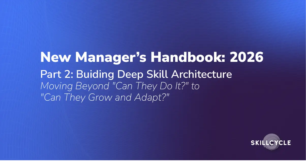 Presentation slide titled “New Manager’s Handbook: 2026, Part 2: Building Deep Skill Architecture,” with the subtitle “Moving Beyond ‘Can They Do It?’ to ‘Can They Grow and Adapt?’” and Skillcycle logo.