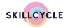 The word “SKILLCYCLE” in bold dark letters overlays a colorful circular design made of layered paper-like rings in pink, yellow, blue, and purple on a black background.